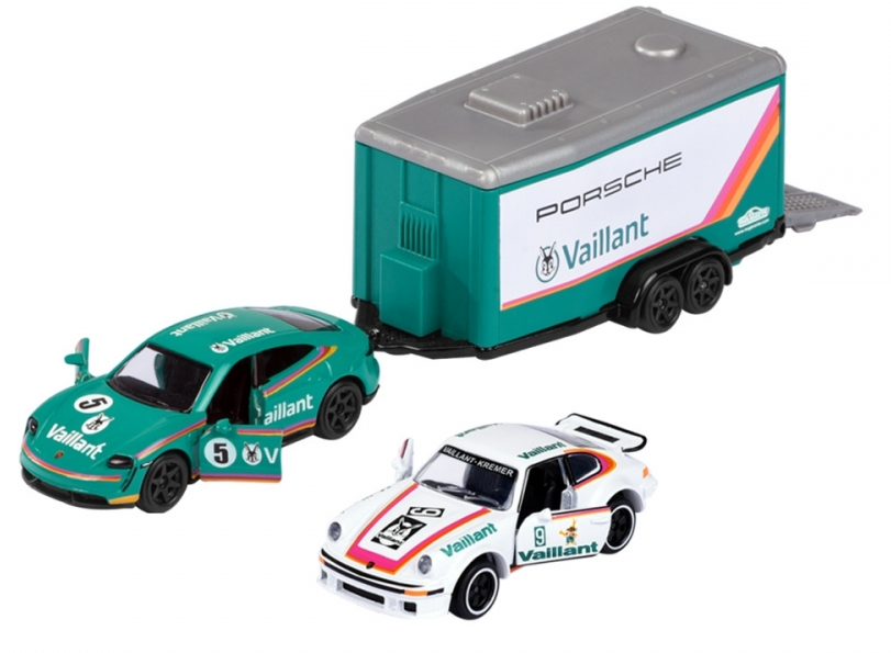 Majorette Vaillant Porsche Taycan Turbo S with Porsche 934 and trailer