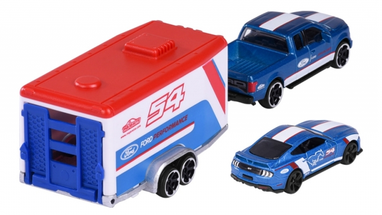 Majorette Ford Performance F-150 Raptor with Ford Mustang GT and trailer