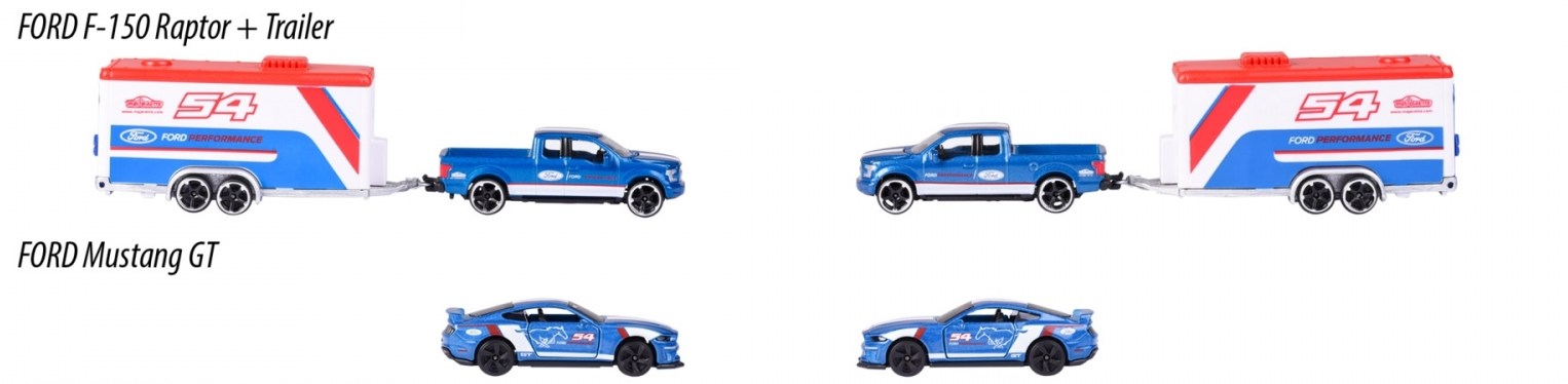 Majorette Ford Performance F-150 Raptor with Ford Mustang GT and trailer